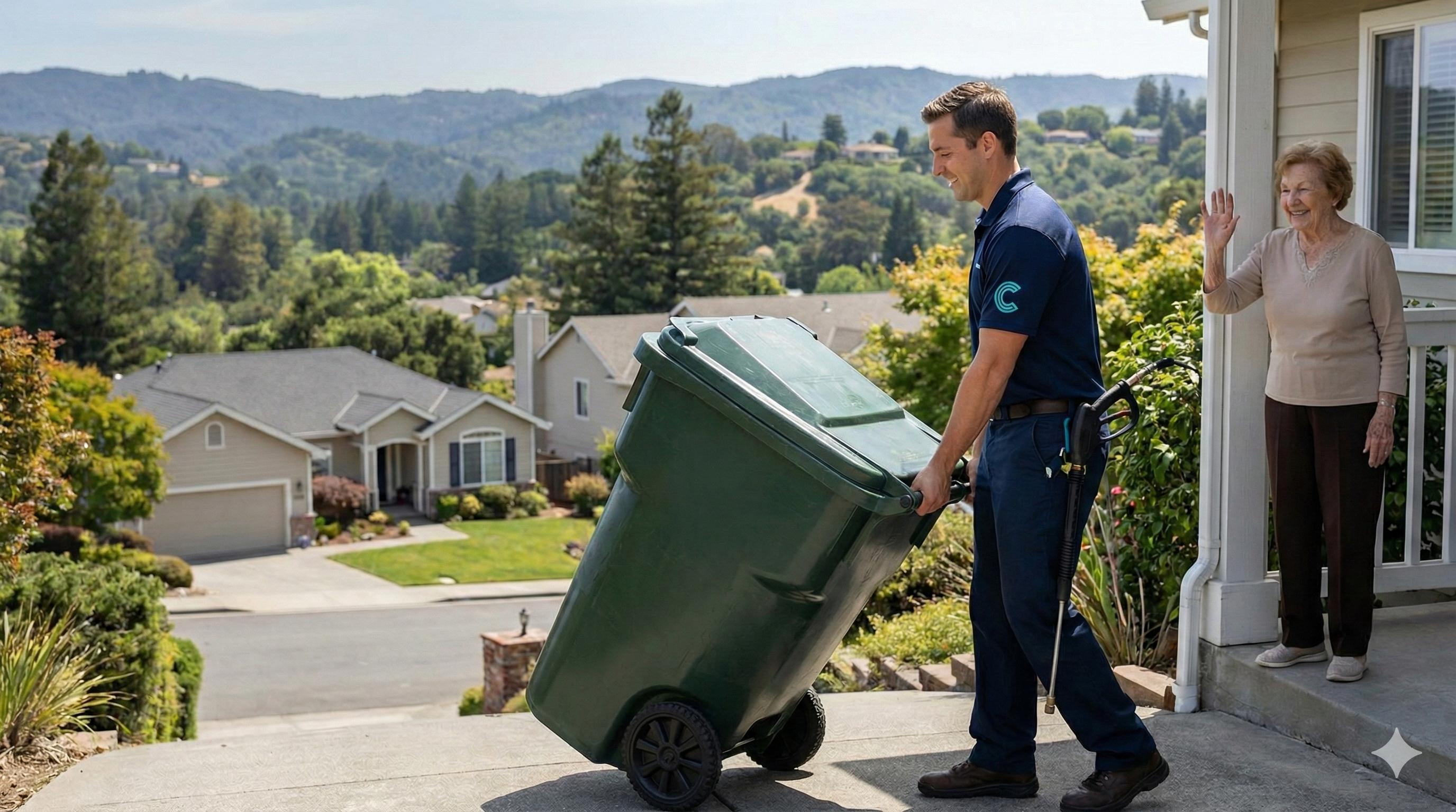 CurbCare service - friendly worker helping resident with trash bin